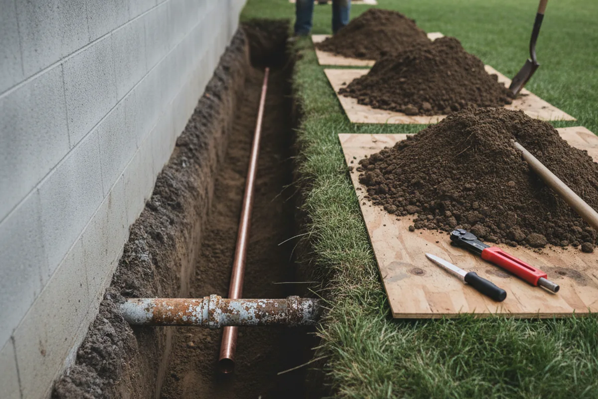 Excavated water line trench during Water Softener Installation in Peotone